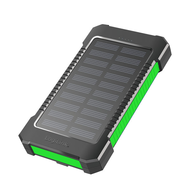 Solar power bank 8000 mAh, flashlight, 2x USB-A, green-black