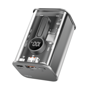 Power bank 10000 mAh, 1x USB-A, 1x USB-C, with display, PD & QC, transp.