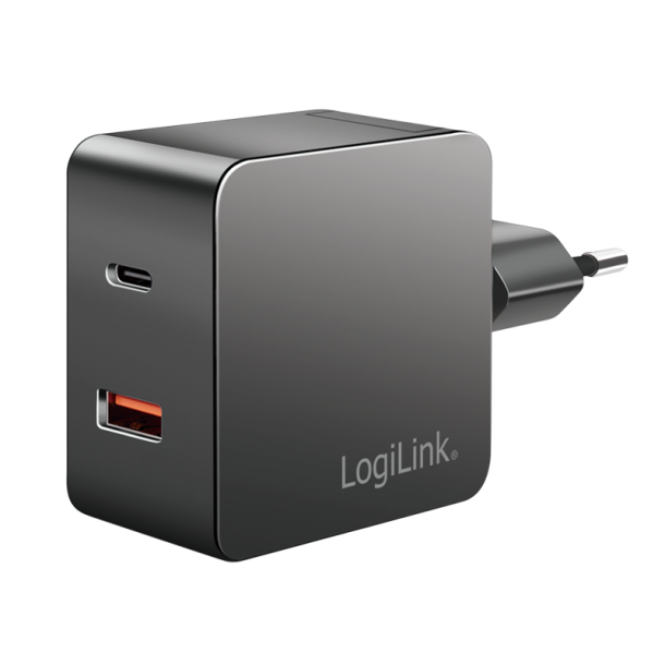 LogiLink Dual USB power socket adapter, 1x USB-A, 1x USB-C, GaN, 45 W, black