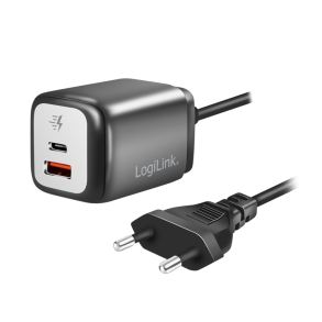 LogiLink Dual USB power socket adapter, GaN, 1x USB-A, 1x USB-C, 30 W, fixed cable