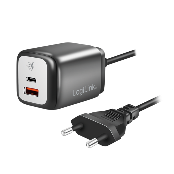 LogiLink Dual USB power socket adapter, GaN, 1x USB-A, 1x USB-C, 30 W, fixed cable