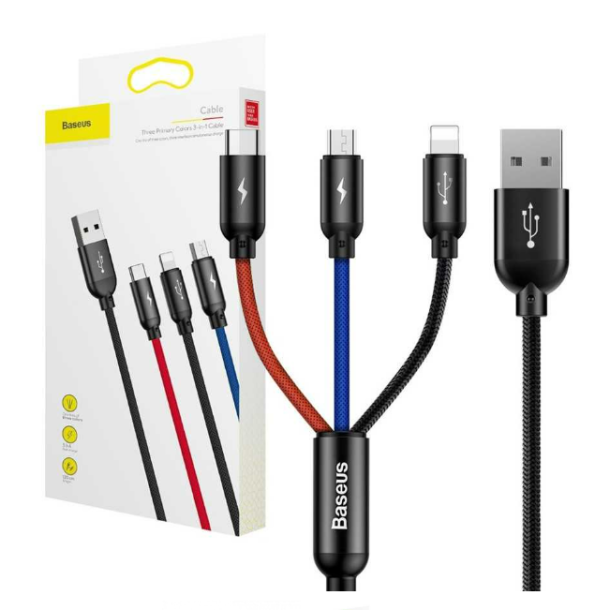 Baseus 3 i 1 multikabel. USB 2.0 til micro USB, USB-C & Lightning - 1,2 m