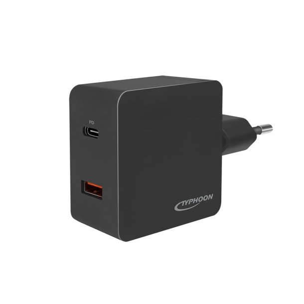 Typhoon USB Wall Charger, 2port, USB-AF & USB-CF, 18W, w/PD, black