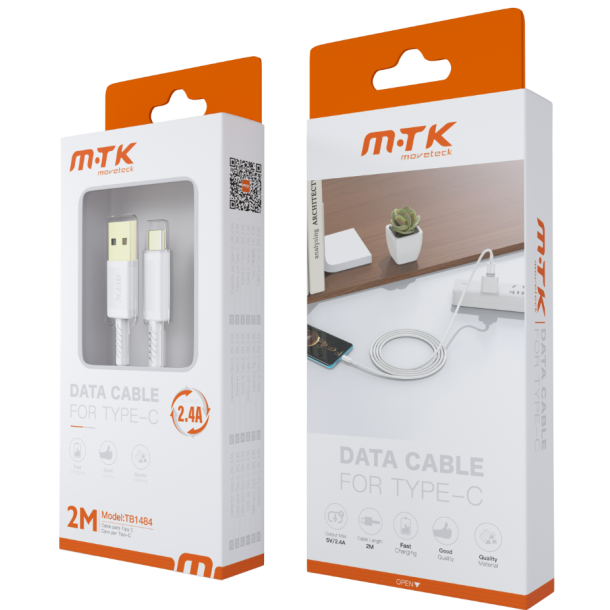 MTK USB 2.0 - USB-C kabel - PVC+ABS Shell, 2,4 A, Gold Plated - 2 M - Hvid