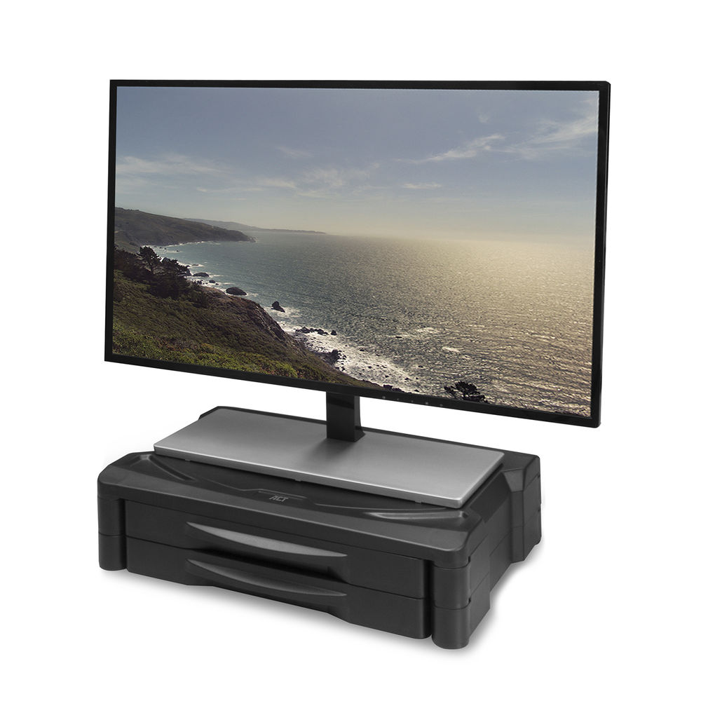 ACT Monitor stand extra wide with two drawers, up to 10kg, adjustable height, black