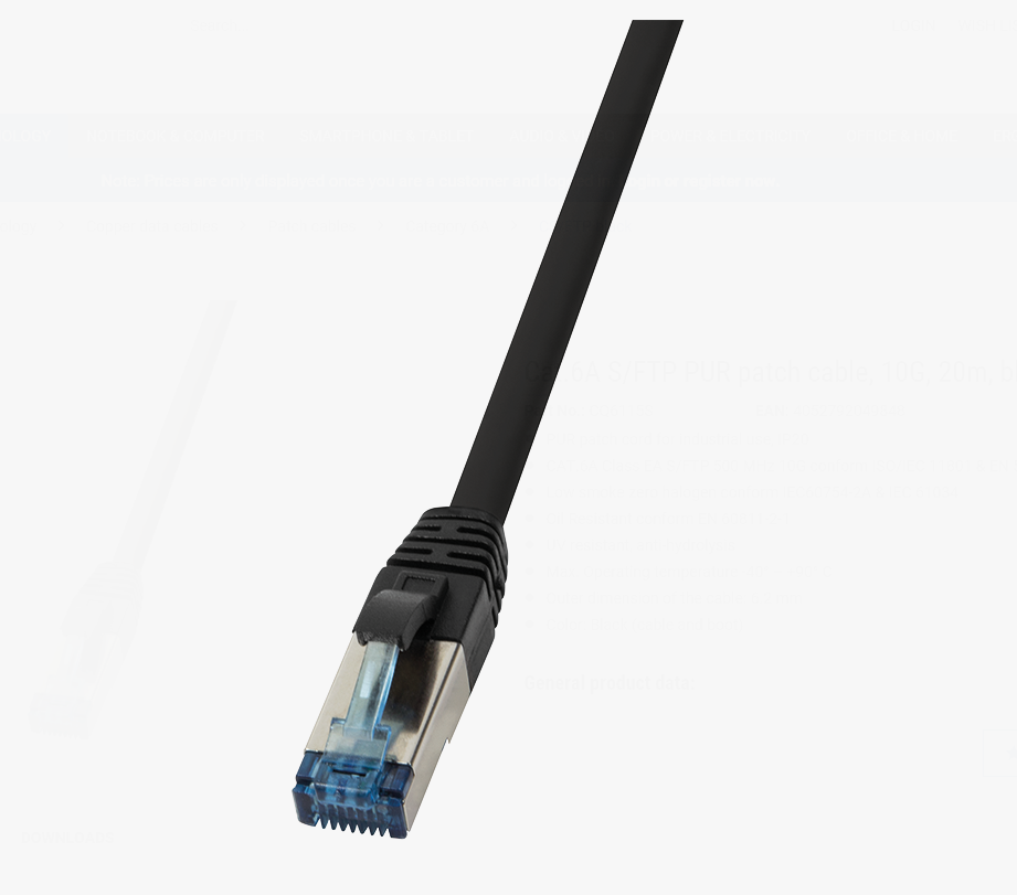 Cat.6A S/FTP, PUR patch cable, 10G, 20m, black