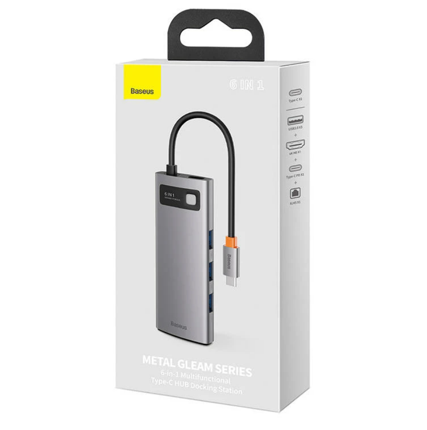 BASEUS HUB 6IN1 METAL GLEAM SERIES CAHUB-CW0G, USB-C TIL 3X USB 3.0 + HDMI + USB-C PD + ETHERNET RJ45