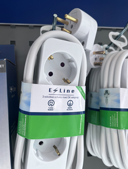 E-Line Strømskinne med 3 Schuko udtag - 1,5 meter kabel med dansk jord til væggen