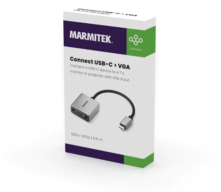 Marmitek USB-C to VGA adapter. Supports resolutions up to 1920 x 1200 at 60 Hz
