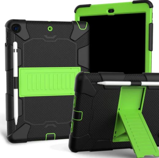 IPAD 10.2" (2021 / 2020 / 2019) HÅNDVÆRKER COVER M. STAND OG STYLUS HOLDER - SORT / GRØN