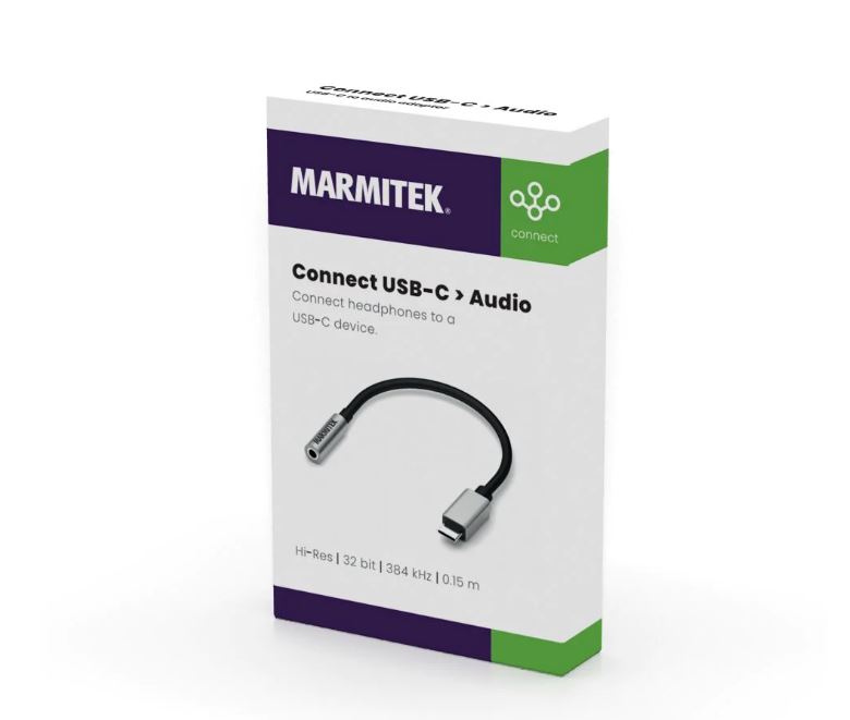 Marmitek USB-C to Mini Jack adapter. Supports 44.1 kHz, 48 kHz, 96 kHz, 192 kHz and 384 kHz.