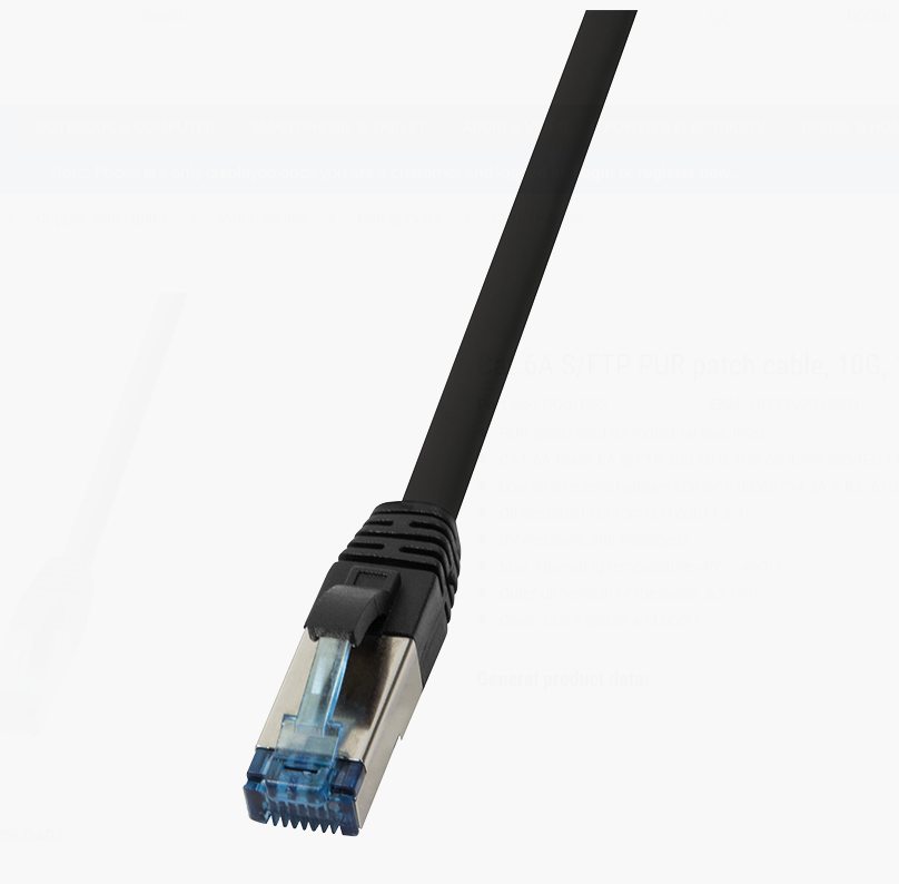 Cat.6A S/FTP,, PUR patch cable, 10G, 15m, black