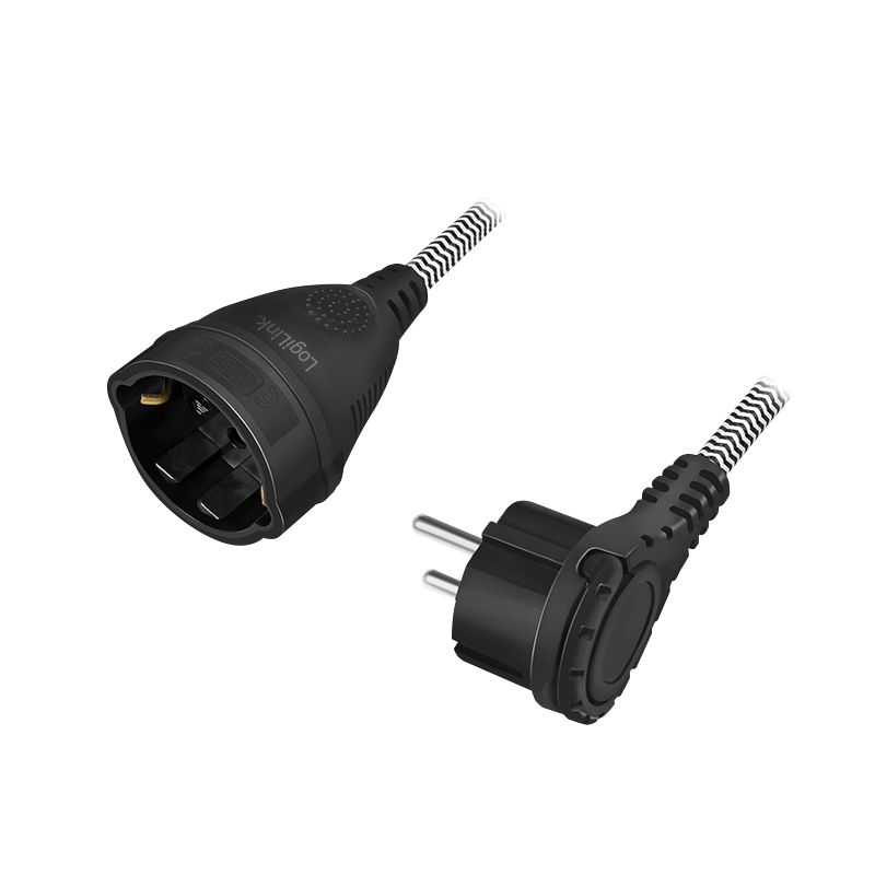 Power cord extension, CEE 7/7 to CEE 7/3, textile cable, black/grey, 3 m
