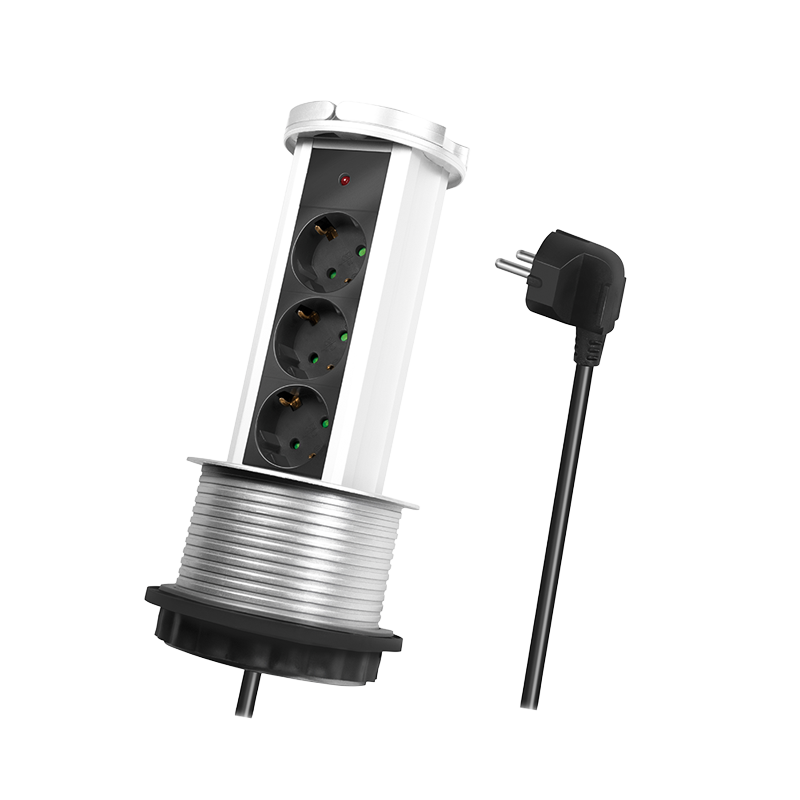Power strip 3-way, pop-up, 3x CEE 7/3, silver/black