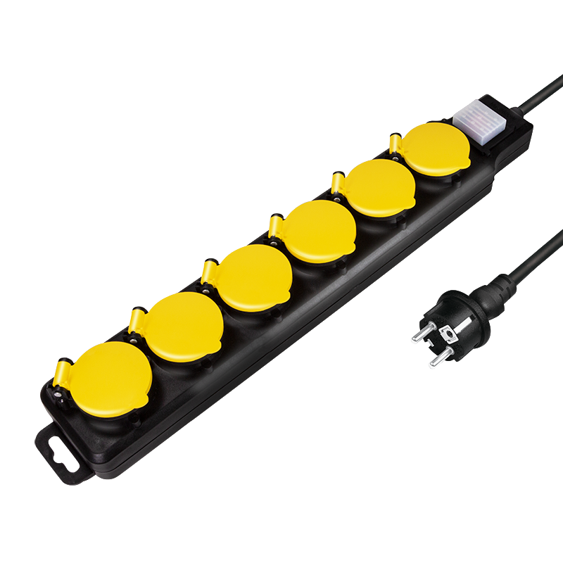 Socket outlet 6-way + switch, 6x CEE 7/3, outdoor, 1.5 m, black/yellow