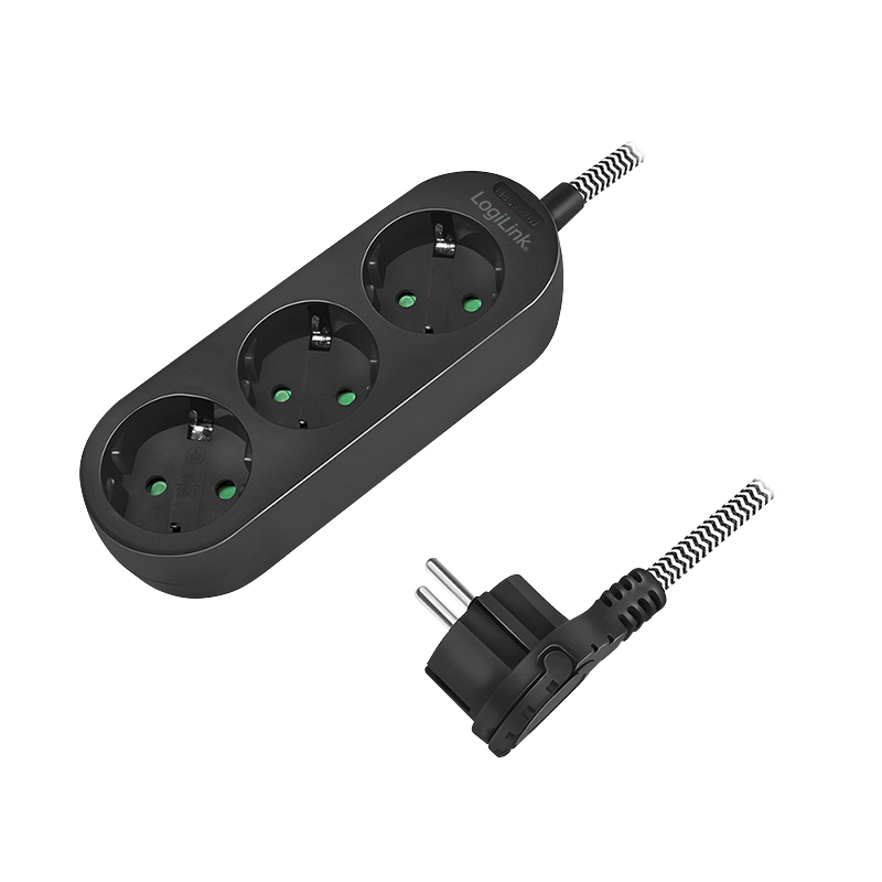 Power strip 3-way, 3x CEE 7/3, textile cable, black