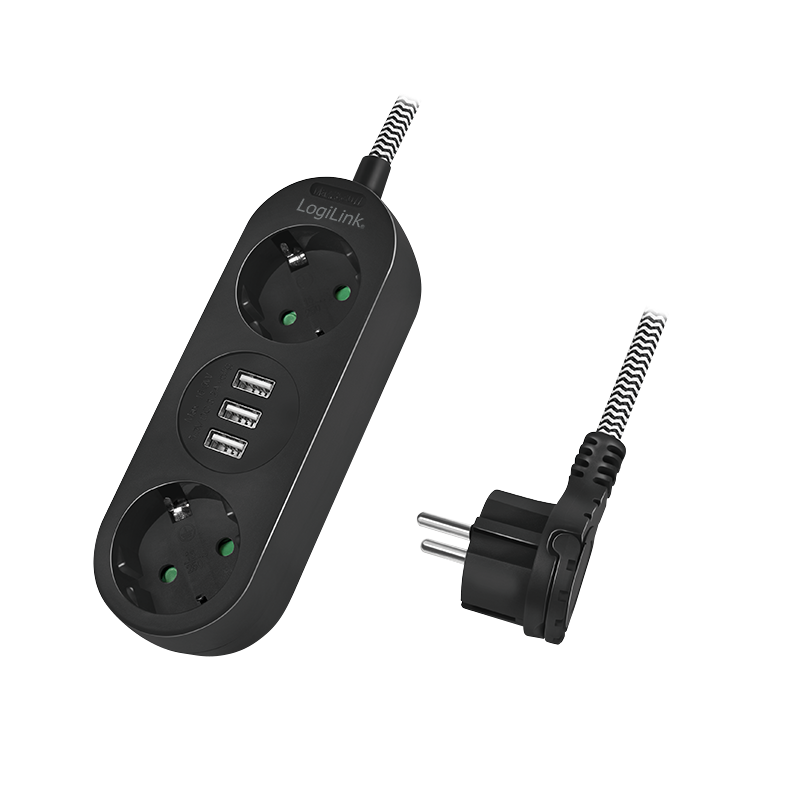 Power strip 2-way, 2x CEE 7/3 + 3x USB-A, textile cable, black