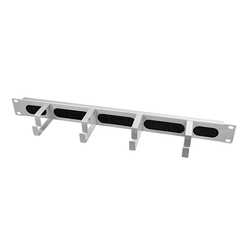 19" cable management bar with 4 metal brackets and brush strip, light grey