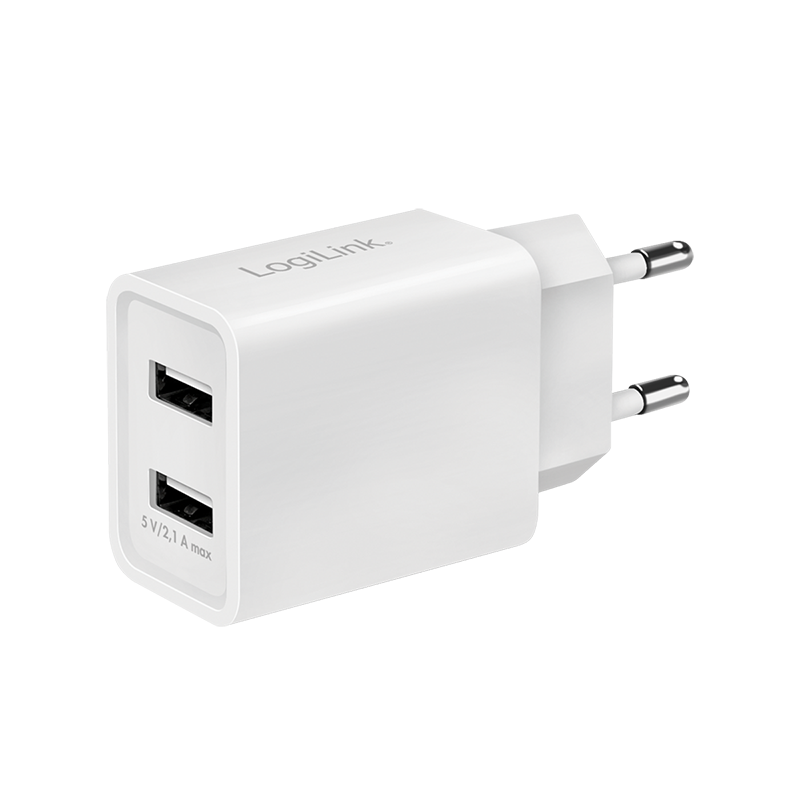 USB wall charger, 2x USB port, 10.5W, white