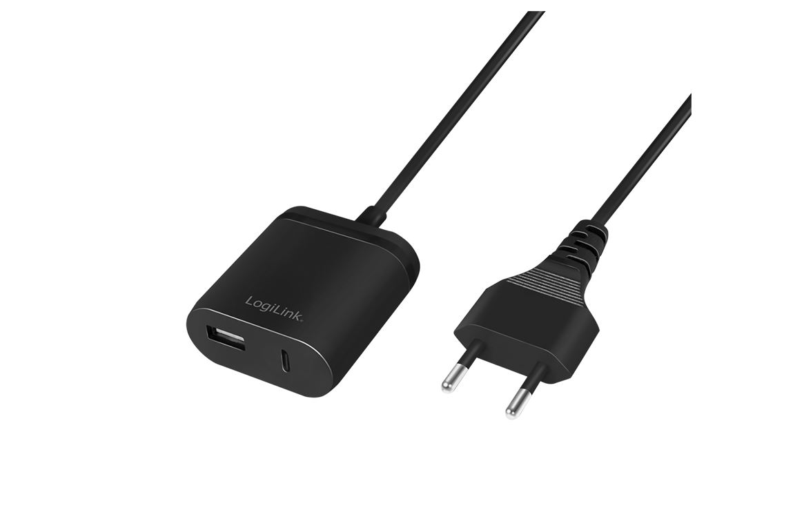 LogiLink USB charger with 1.5 m fixed cable, 1x USB-A 1x USB-C, 12 W