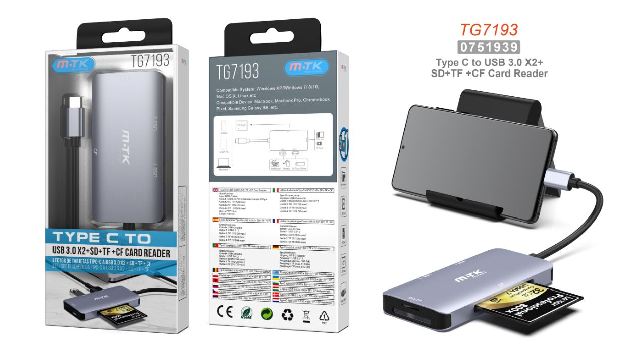 MTK Hub USB-C til 2 x USB 3.0 + kortlæser til SD / TF / CF