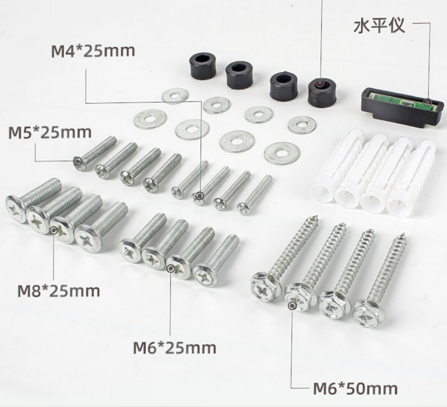 Skruekit til beslag - Waterpas, spacere, spændskiver, rawplugs med skruer til væg og M4, M5, M6 og M8 skruer til skærm