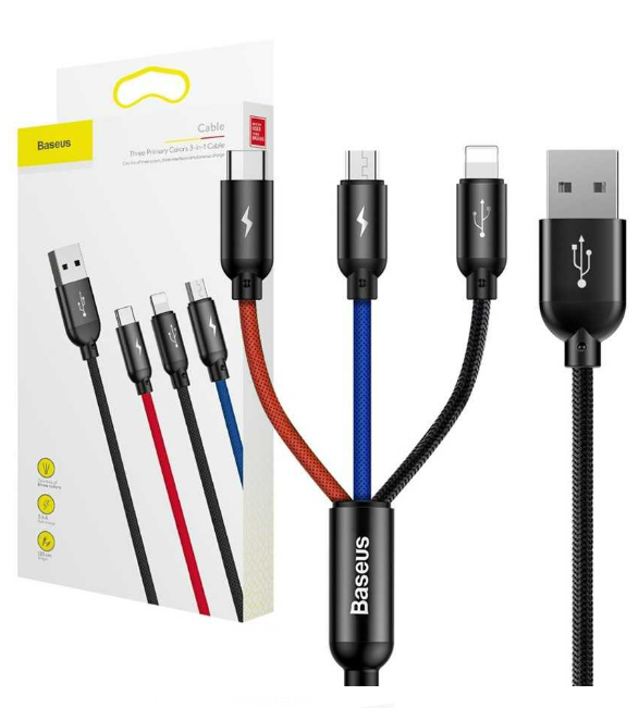 Baseus 3 i 1 multikabel. USB 2.0 til micro USB, USB-C & Lightning - 1,2 m