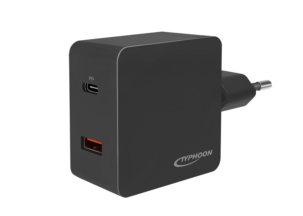 Typhoon USB Wall Charger, 2port, USB-AF & USB-CF, 18W, w/PD, black