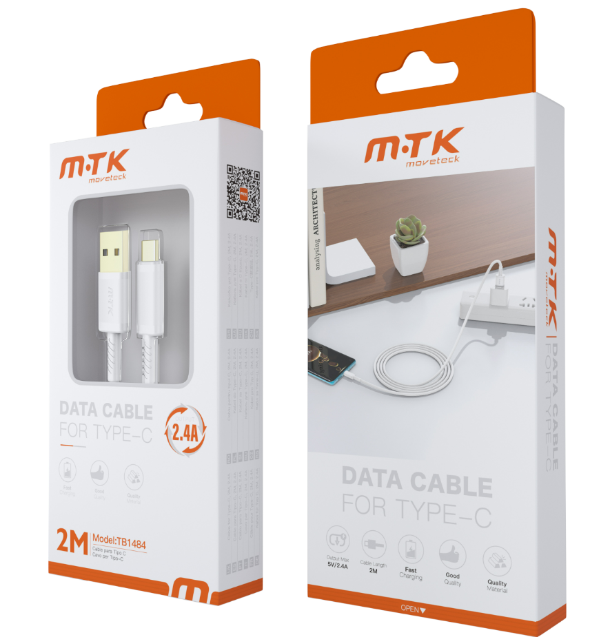 MTK USB 2.0 - USB-C kabel - PVC+ABS Shell, 2,4 A, Gold Plated - 2 M - Hvid