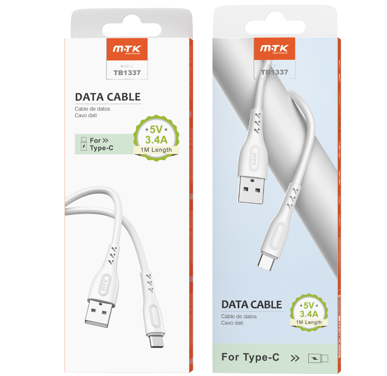MTK USB 2.0 - USB-C kabel, 5 V / 2,4 A, 1 M - Hvid